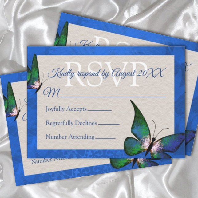 Blue, Green Butterfly Quinceñera RSVP Card Hinweiskarte (elegant royal blue white quinceanera rsvp card with blue edge and butterfly card template customize)