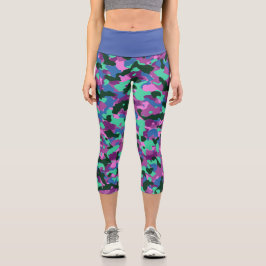 Blue Green Camouflage Capri Leggings, stilvolle Ca Leggings