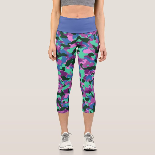 Blue Green Camouflage Capri Leggings, stilvolle Ca Leggings (Vorderseite)