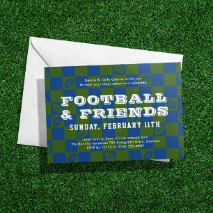 Blue Green Checkerboard Football Game Watch Partys Einladung