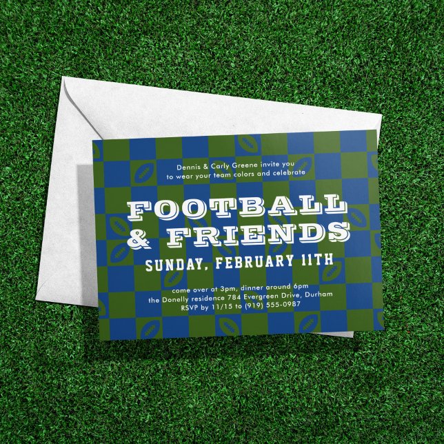 Blue Green Checkerboard Football Game Watch Partys Einladung (Von Creator hochgeladen)