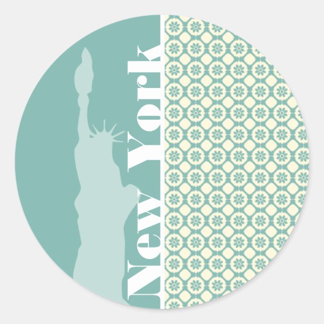 Blue Green & Cream Floral; New York Runder Aufkleber (Vorderseite)