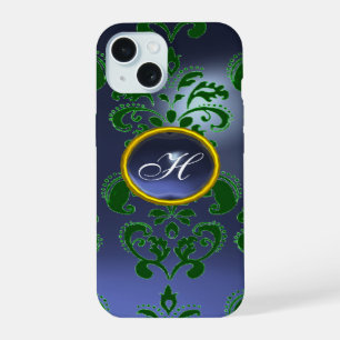 BLUE GREEN DAMASK GEMSTONE MONOGRAMM Floral iPhone 15 Hülle