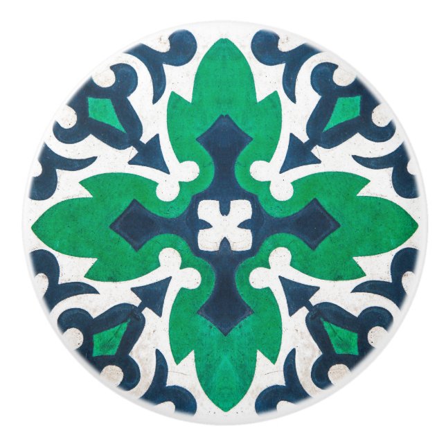 Blue Green Damask Zierkabine Keramikknauf (Vorderseite)