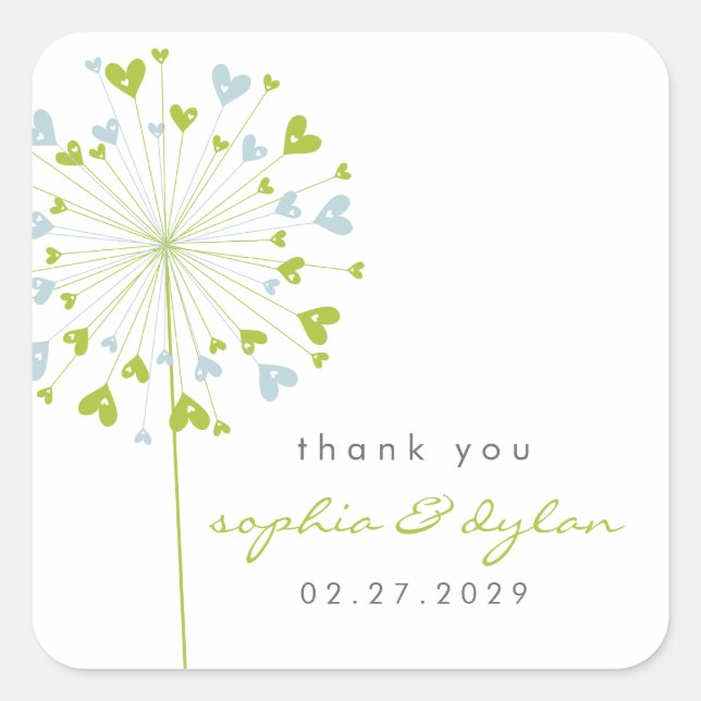 Blue & Green Dandelion Blume Liebe Hearts Wedding Quadratischer Aufkleber (Vorderseite)