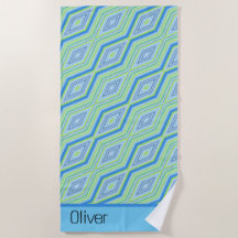 Blue Green Diagonal Diamond Retro Name Handtuch