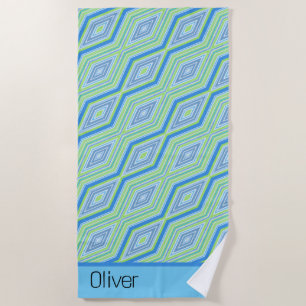 Blue Green Diagonal Diamond Retro Name Handtuch
