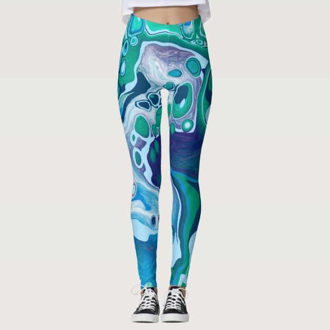 Blue Green Digital Marble Fluid Art Leggings (Vorderseite)