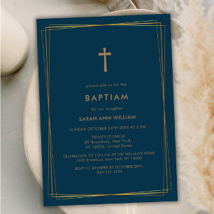 Blue Green Elegant Gold Typografie Cross Taufen Einladung