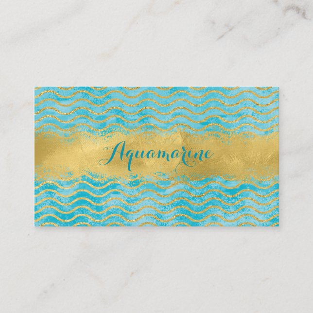 Blue Green et Gold Waves Ocean Carte de visite (Devant)