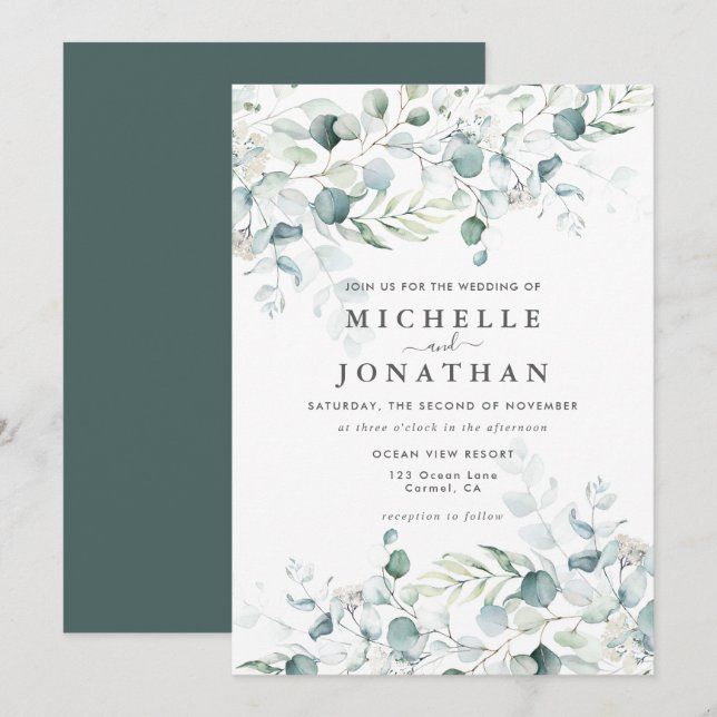 Blue Green Eucalyptus Bouquet Wedding Einladung (Vorne/Hinten)