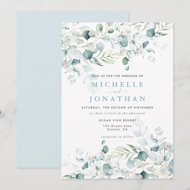 Blue Green Eucalyptus Bouquet Wedding Einladung (Vorne/Hinten)