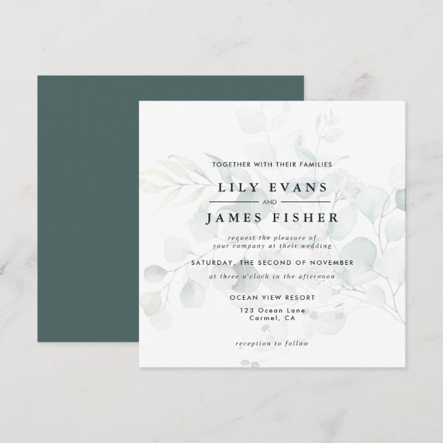 Blue Green Eucalyptus Foliage Bouquet Wedding Dark Einladung (Vorne/Hinten)