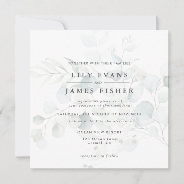 Blue Green Eucalyptus Foliage Bouquet Wedding Einladung (Vorderseite)