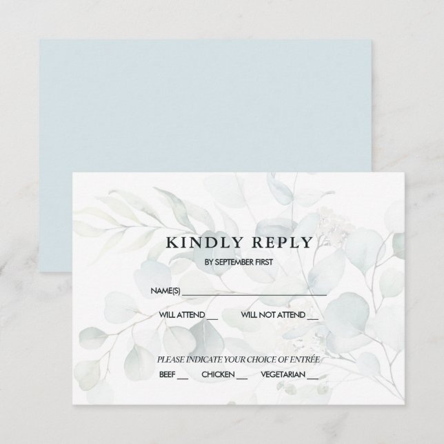 Blue Green Eucalyptus Wedding RSVP Response Dark Einladung (Vorne/Hinten)