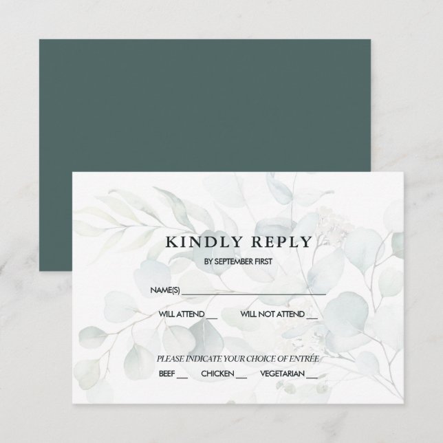 Blue Green Eucalyptus Wedding RSVP Response Dark I Einladung (Vorne/Hinten)