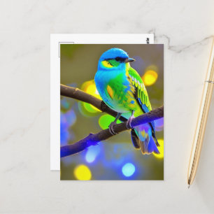 Blue Green Fantasy Bird auf einem Zweig Postkarte