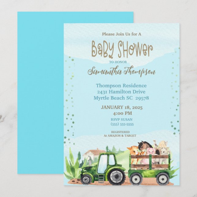Blue Green Farm Traktor Boys Baby Dusche Einladung (Vorne/Hinten)