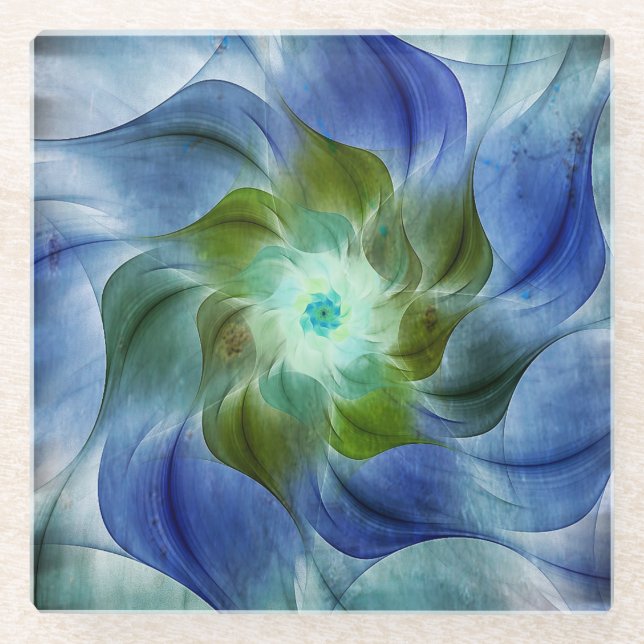 Blue Green Flame Fraktal Blume Glass Untersetzer (Vorderseite)