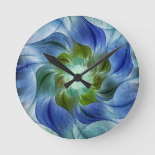 Blue Green Flame Fraktal Blume Runde Uhr