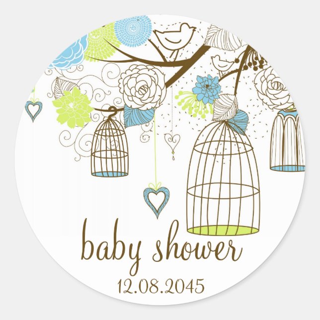 Blue & Green Floral Birdcages Baby Shockaufkleber Runder Aufkleber (Vorderseite)