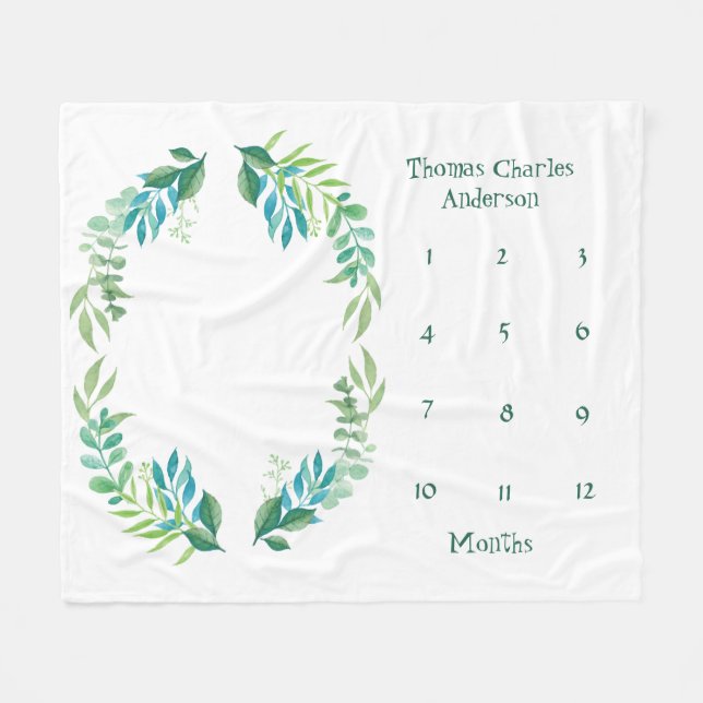 Blue Green Floral Blätter Baby Milestone Boy Baby Fleecedecke (Vorderseite (Horizontal))