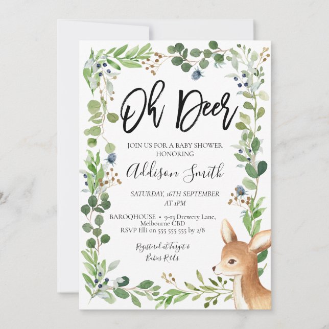 Blue Green Foliage Oh Deer Baby Dusche Einladung (Vorderseite)