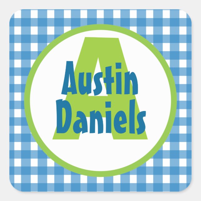 Blue Green Gingham Monogram Personalisiert Sticker (Vorderseite)