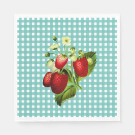 Blue Green Gingham & Strawberries Luncheon Paper Serviette