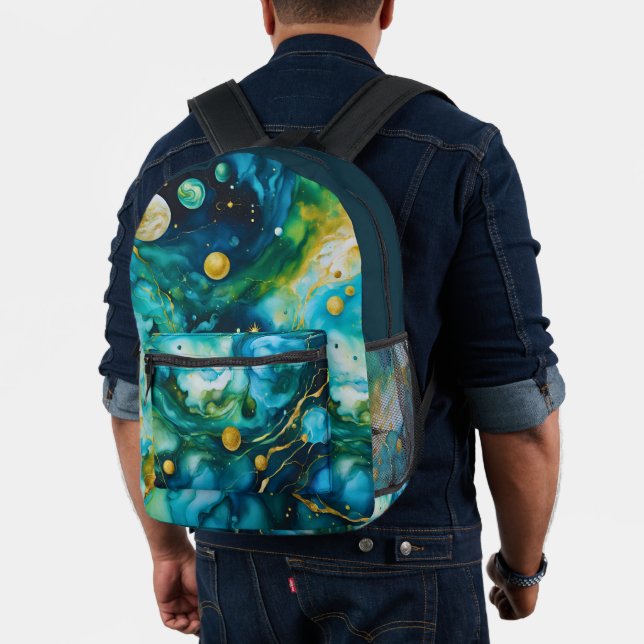 Blue Green Gold Alcohol Ink Cosmos Bedruckter Rucksack (Insitu (Modell))