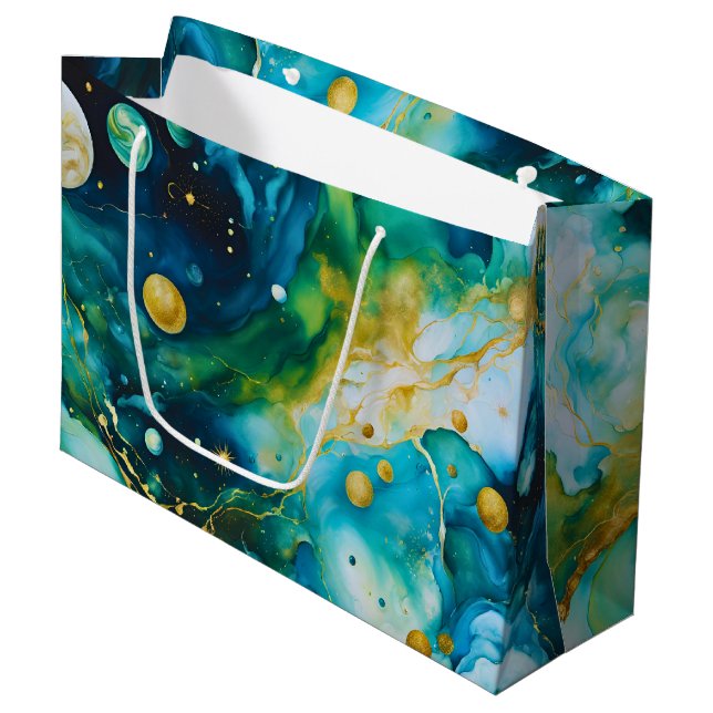 Blue Green Gold Alcohol Ink Cosmos Große Geschenktüte (Vorderseite Schrägansicht)