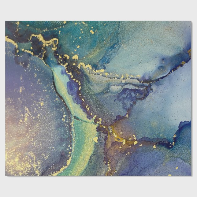 Blue Green Gold Alkohol Alkohol Tinte Abstrakte Ku Geschenkpapier (Flach)