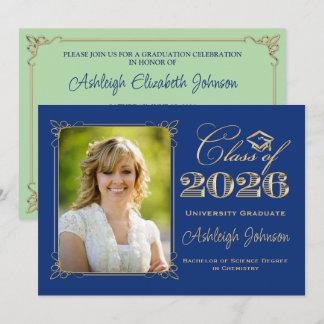 Blue, Green, Gold Class of 2026 Photo Graduation Einladung