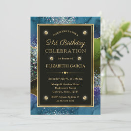 Blue, Green & Gold Glitzer Agate 21. Geburtstag Einladung