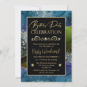 Blue & Green & Gold Glitzer Agate Birthday Party Einladung