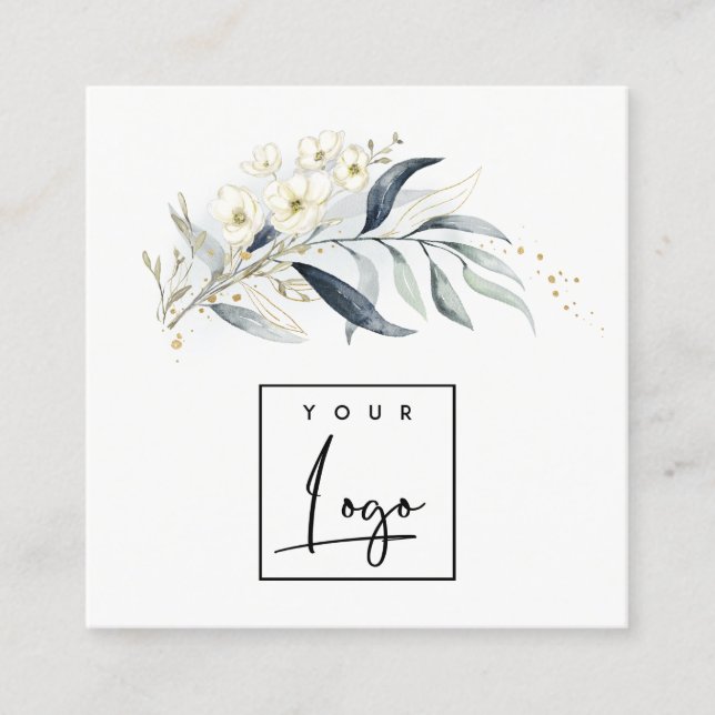 Blue Green Gold Leafy Botanical Floral Ihr Logo Quadratische Visitenkarte (Vorderseite)