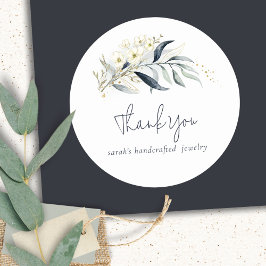 Blue Green Gold Leafy Botanical Floral Vielen Dank Runder Aufkleber