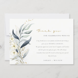 Blue Green Gold Leafy Botanical Floral Wedding Dankeskarte