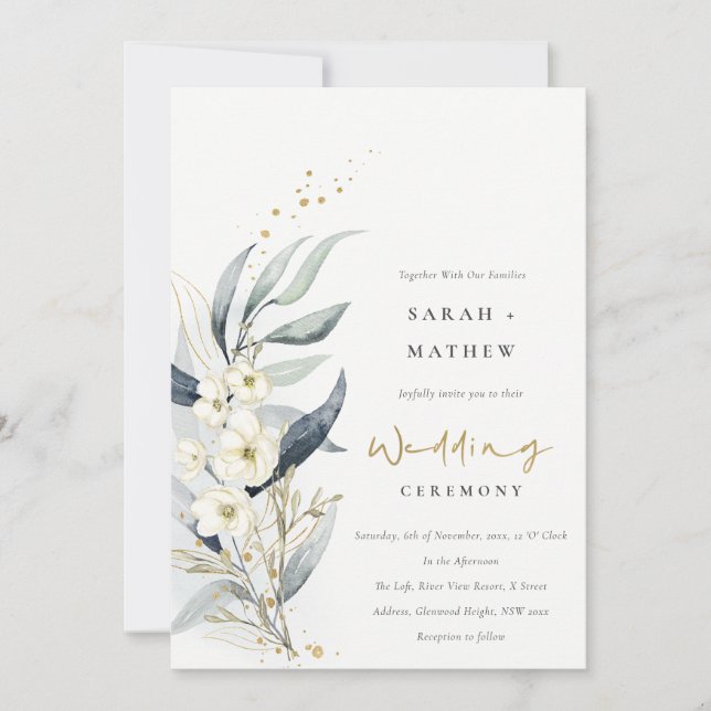 Blue Green Gold Leafy Botanical Floral Wedding Einladung (Vorderseite)