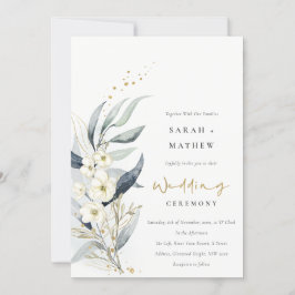 Blue Green Gold Leafy Botanical Floral Wedding Einladung