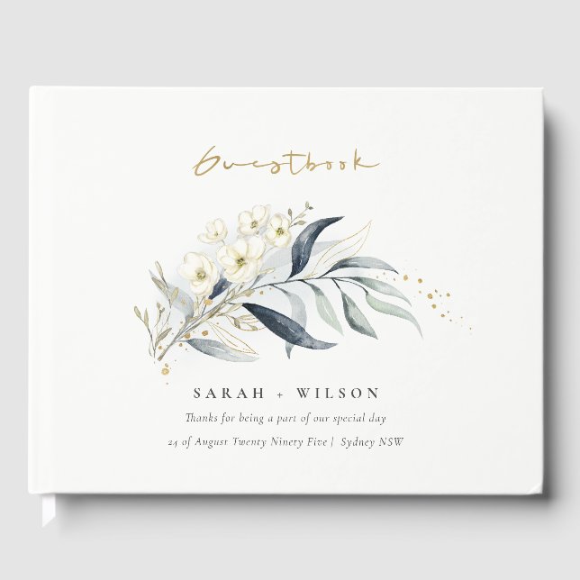 Blue Green Gold Leafy Botanical Floral Wedding Gästebuch (Vorderseite)