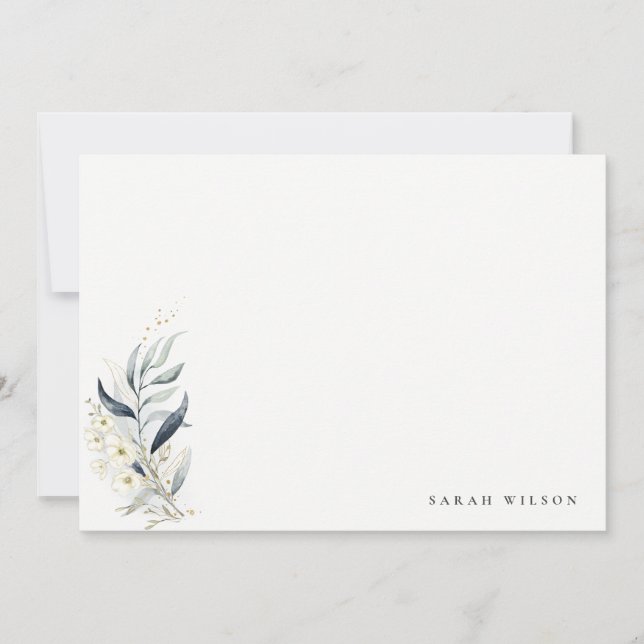 Blue Green Gold Leafy Botanical Floral Wedding Mitteilungskarte (Vorderseite)