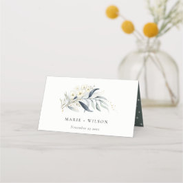 Blue Green Gold Leafy Botanical Floral Wedding Platzkarte