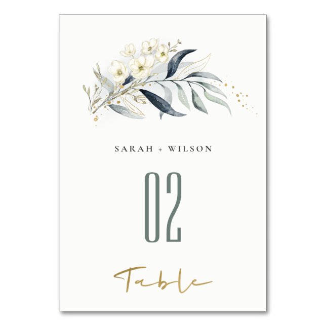 Blue Green Gold Leafy Botanical Floral Wedding Tischnummer (Vorderseite)