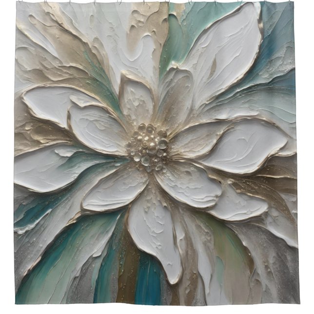 Blue Green Gold und White Abstrakte Blume Duschvorhang (Vorderseite)