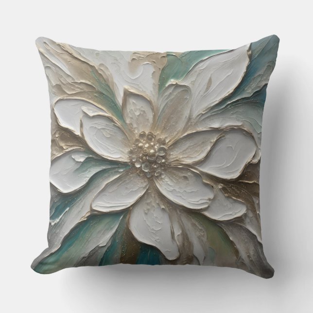 Blue Green Gold und White Abstrakte Blume Kissen (Vorderseite)