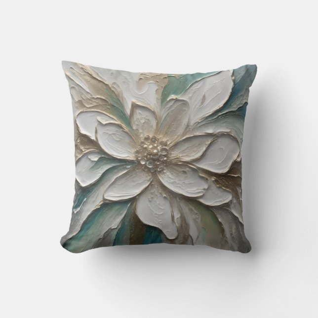 Blue Green Gold und White Abstrakte Blume Kissen (Vorderseite)