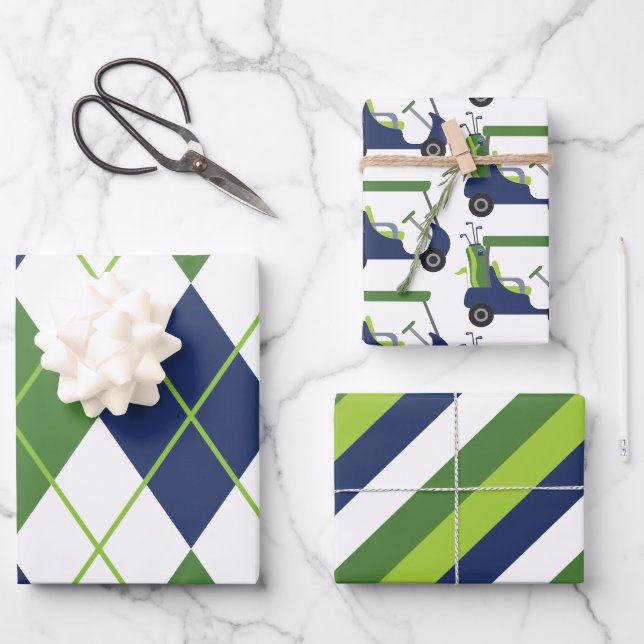 Blue & Green Golf Raute Streifen Geschenkblätter Geschenkpapier Set (Vorderseite)