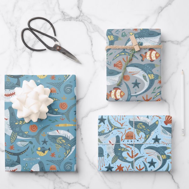 Blue Green Grey Sharks Boys Birthday Party Geschenkpapier Set (Vorderseite)