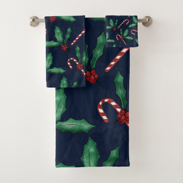 Blue Green Holly Verlasse Red Berries Candy Cane Badhandtuch Set (Insitu)